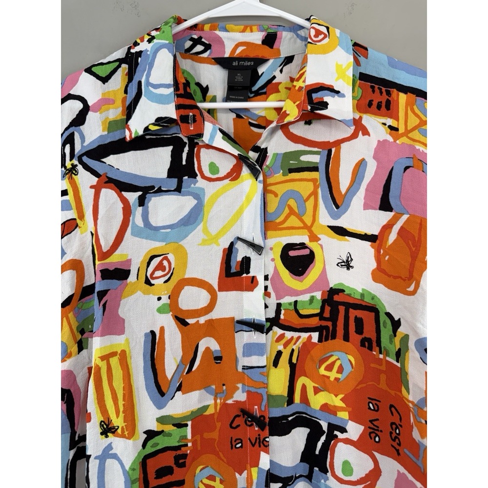 Ali Miles Top Blouse Shirt Women's XL Colorful Abstract Wearable Art Vibrant